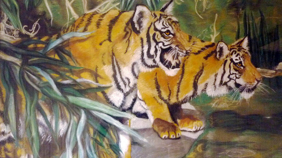 Bengal Tigers by the Waterside Pastel by Ronald Osborne