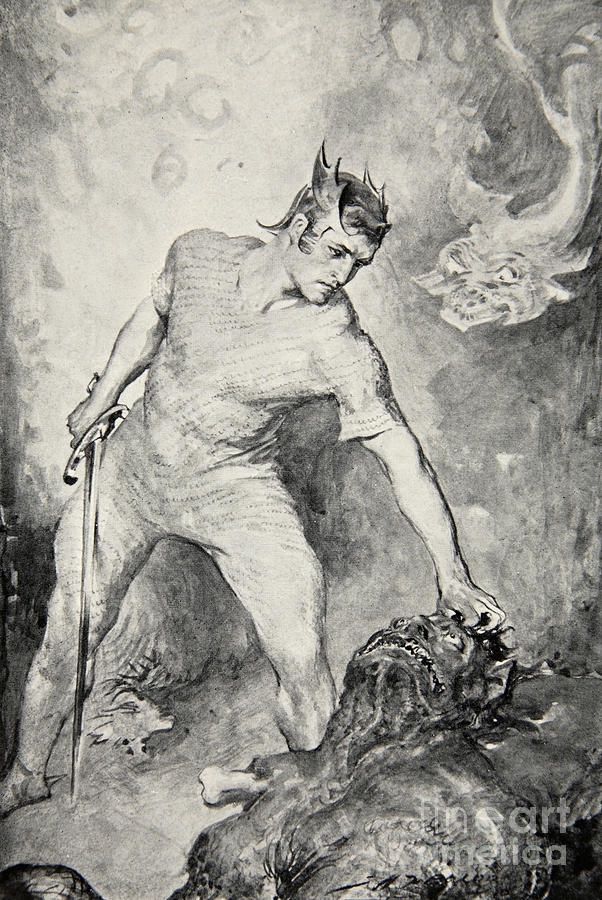 Black And White Drawing - Beowulf shears off the head of Grendel by John Henry Frederick Bacon