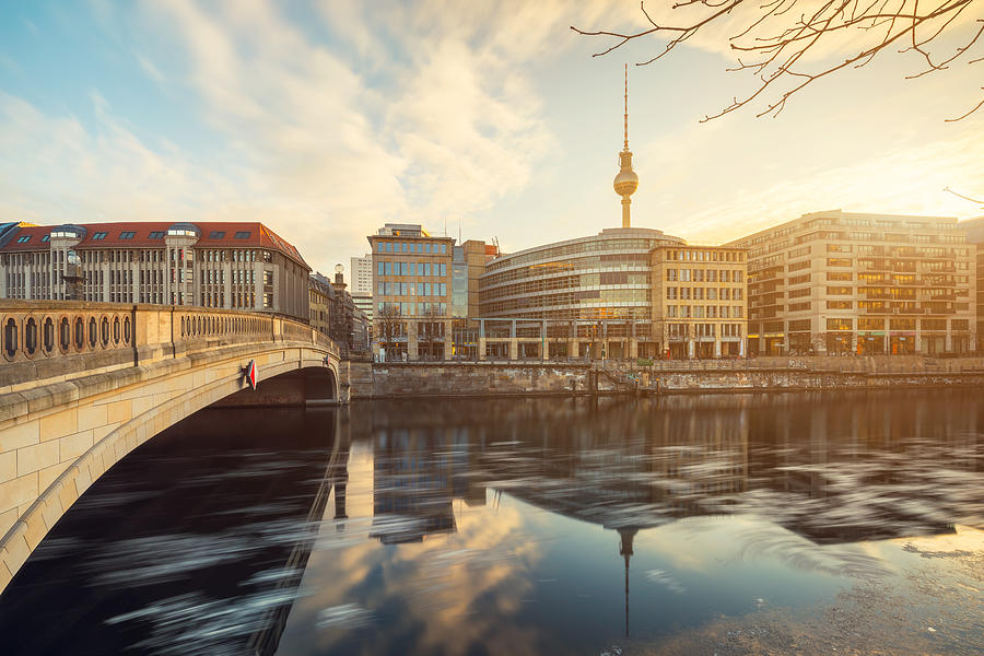 Berlin City Winter Skyline with Spree River Reflection and Sunlight Photograph by Matthias Makarinus