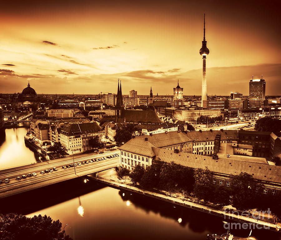 Berlin Germany major landmarks at sunset in gold tone Photograph by Michal Bednarek