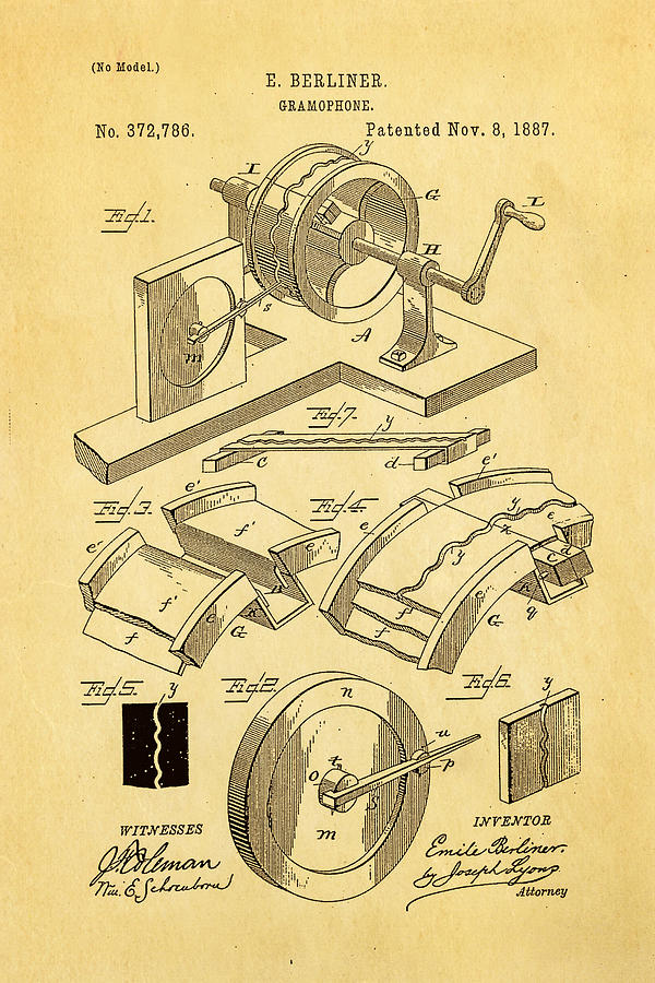 Vintage Photograph - Berliner Gramophone Patent Art 1887 by Ian Monk