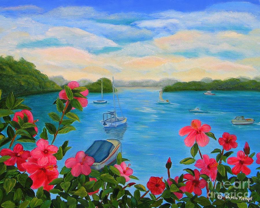 Bermuda Hibiscus - Bermuda Seascape with Boats and Hibiscus Painting by Shelia Kempf