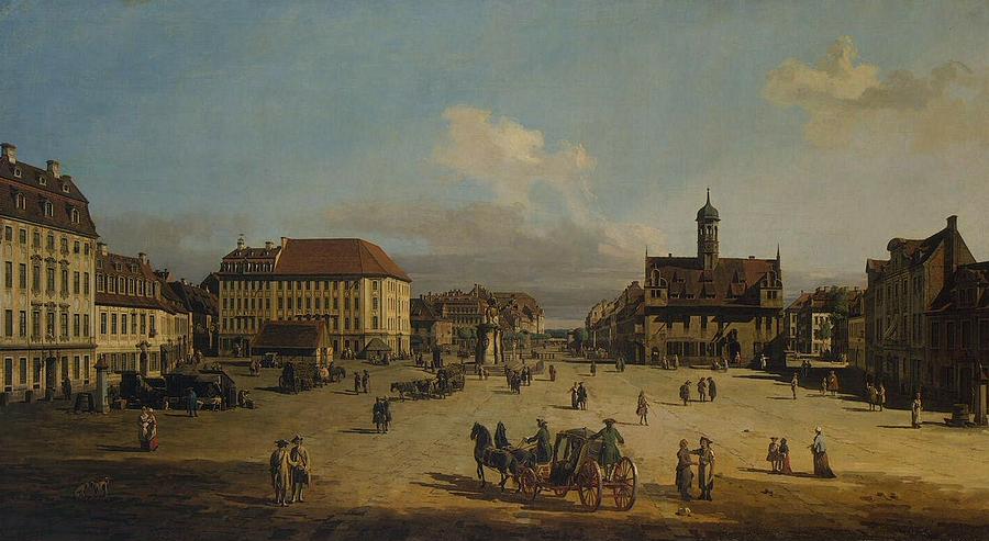 Bernardo Bellotto 1721-1780-ROCOCO-Market-place of the Neustadt in Dresden 1752 Painting by MotionAge Designs