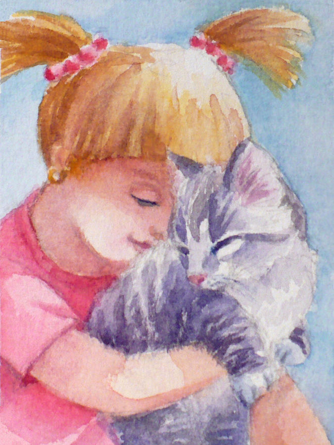 Kitten and a Little Girl Painting by Janet Zeh