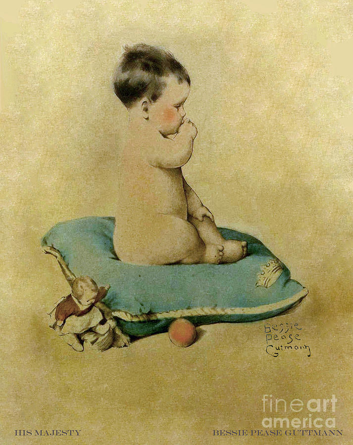 Bessie Pease Gutmann His Majesty Baby on a Blue Pillow with Doll and Ball Digital Art by Pierpont Bay Archives