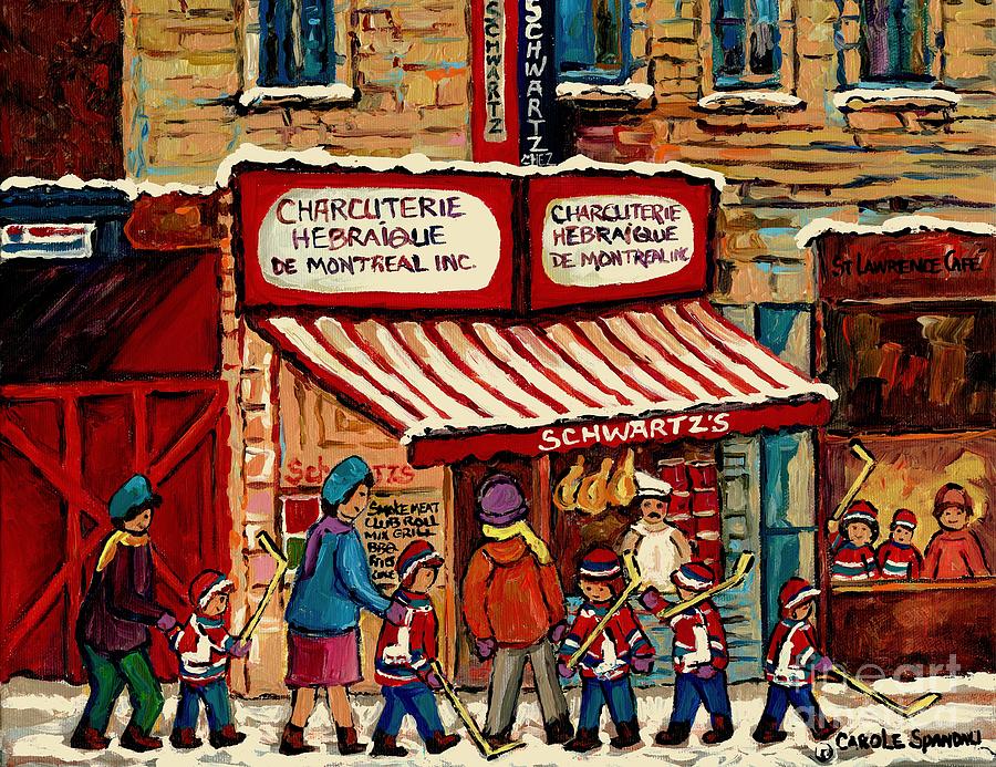 Best Selling Original Montreal Paintings For Sale After The Hockey Game At Schwarts Deli Cspandau Painting by Carole Spandau