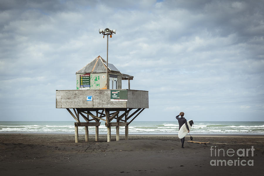 Bethells Beach New Zealand Lifeguard Tower and Surfer  Photograph by Colin and Linda McKie