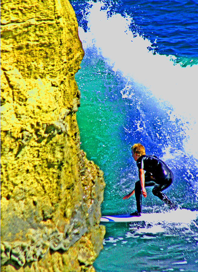 Surfing Digital Art - Between a Rock and a Wave by Joseph Coulombe