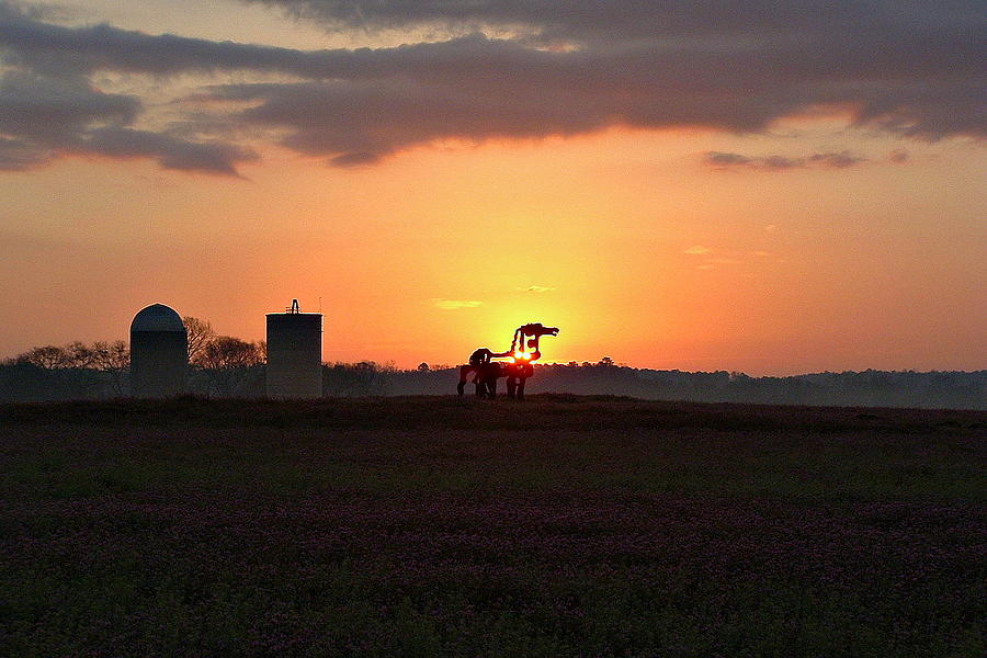 Between The Iron Horse Sunrise Silhouette Farming Landscape Art Photograph by Reid Callaway