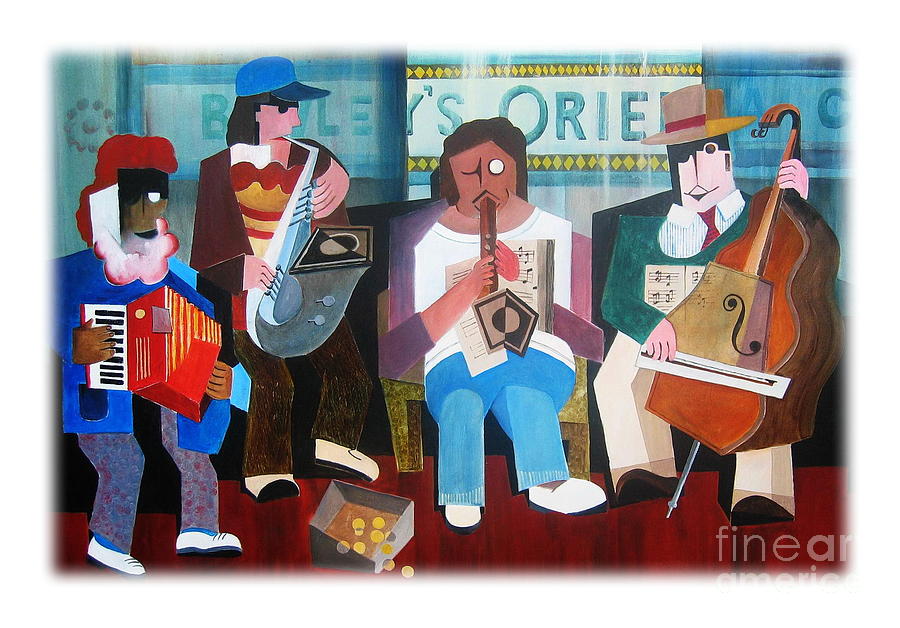Bewleys Oriental Cafe Buskers Painting by Val Byrne