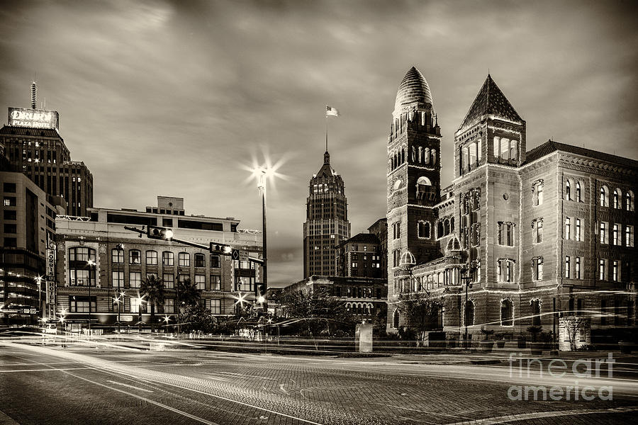 Romanesque Photograph - Bexar County Courthouse and Tower Life Building Main Plaza in BW Monochrome - San Antonio Texas by Silvio Ligutti