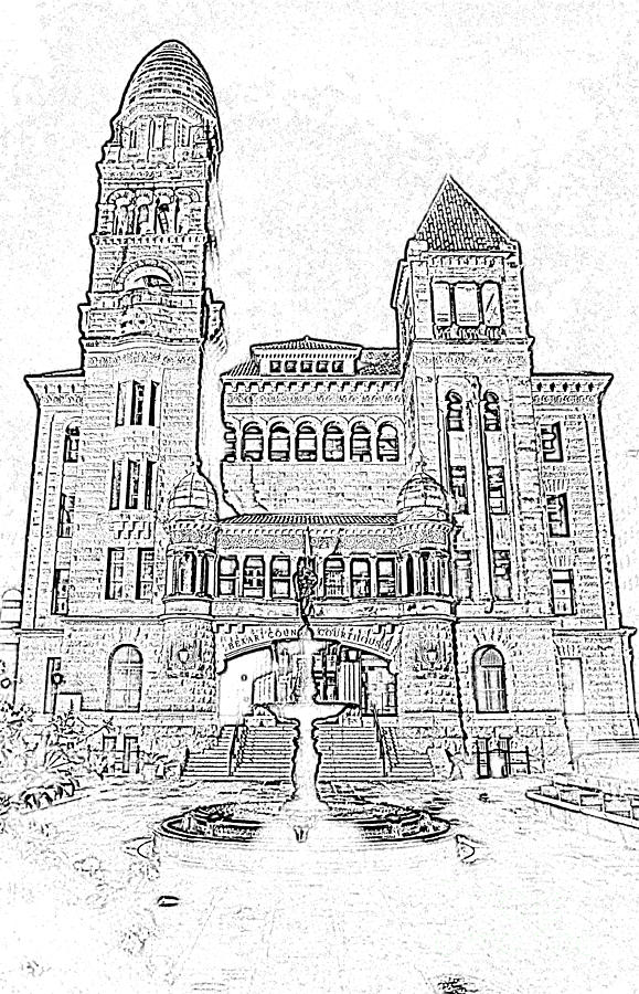 Bexar County Courthouse at Night in Downtown San Antonio Texas Black and White Digital Art Digital Art by Shawn OBrien