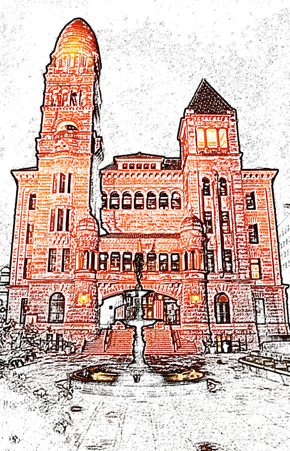 Bexar County Courthouse at Night in Downtown San Antonio Texas Colored Pencil Digital Art Digital Art by Shawn OBrien