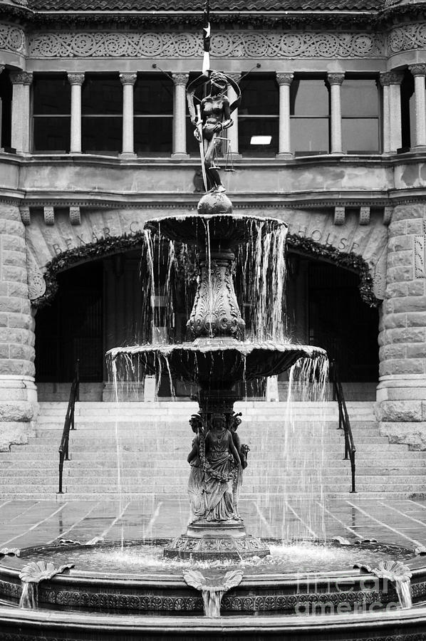 Bexar County Courthouse Blind Naked Justice Fountain San Antonio Texas Black and White Photograph by Shawn OBrien