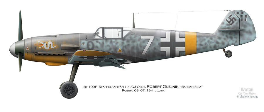 Luftwaffe Digital Art - Bf 109F-2. Staffelkapitan 1./JG 3 Oblt. Robert Olejnik. 3 July 1941. Lyzk. Russia. 1941 by Vladimir Kamsky