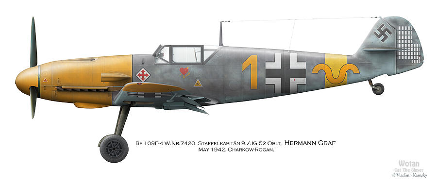 Luftwaffe Digital Art - Bf 109F-4 W.Nr.7420. Staffelkapitan 9./JG 52 Oblt. Hermann Graf. May 1942. Charkow-Rogan. by Vladimir Kamsky