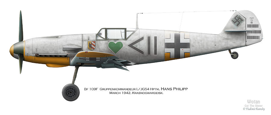 Luftwaffe Digital Art - Bf 109F Gruppenkommandeur I./JG54 Hptm. Hans Philipp. March 1942. Krasnogwardeisk by Vladimir Kamsky