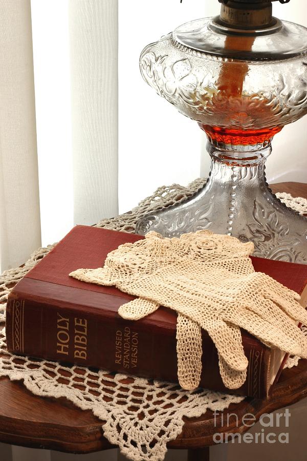 Bible and Antique Lamp and Gloves Photograph by Pattie Calfy