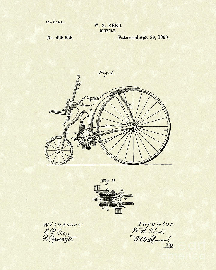 Bicycle 1890 Patent Art Drawing by Prior Art Design