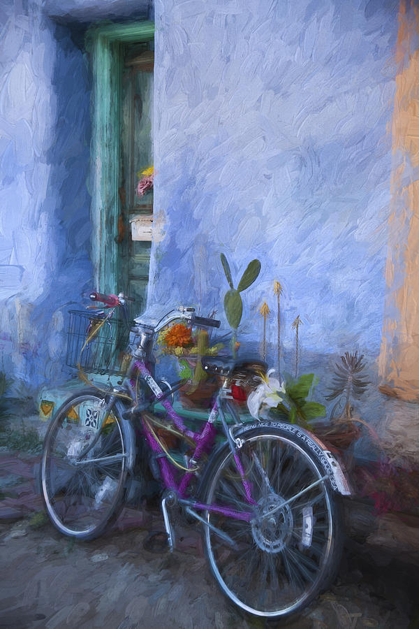 Bicycle and Blue Wall Painterly Effect Mixed Media by Carol Leigh