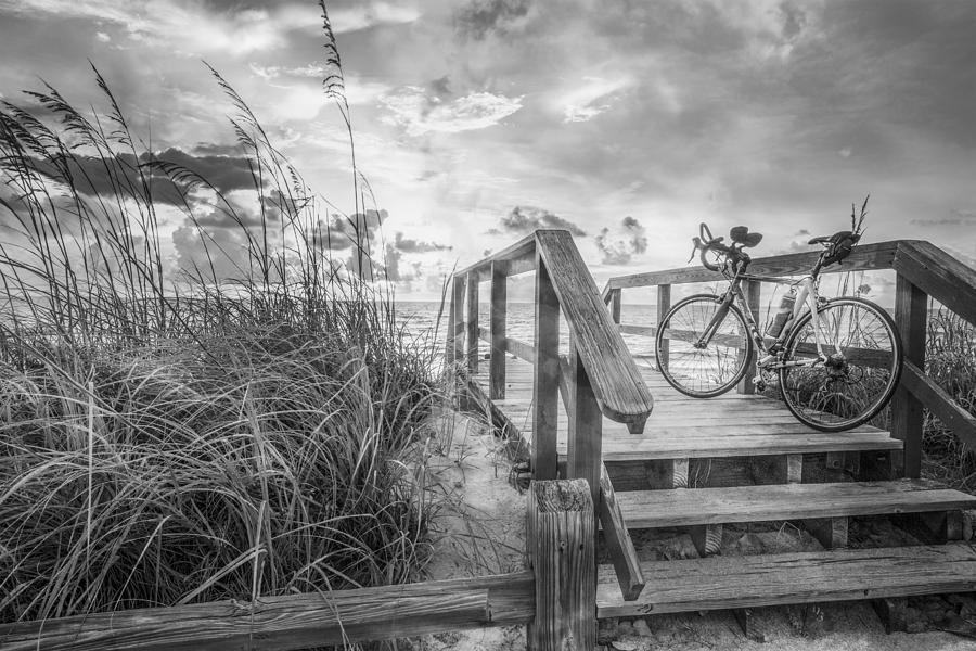 Bicycle at the Beach in Black and White Photograph by Debra and Dave Vanderlaan