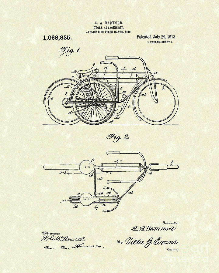 Bicycle Attachment 1913 Patent Art Drawing by Prior Art Design