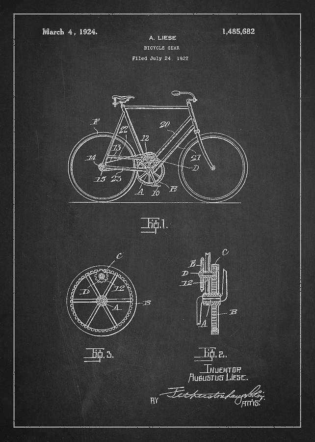 Bicycle Gear Patent Drawing From 1922 - Dark Digital Art
