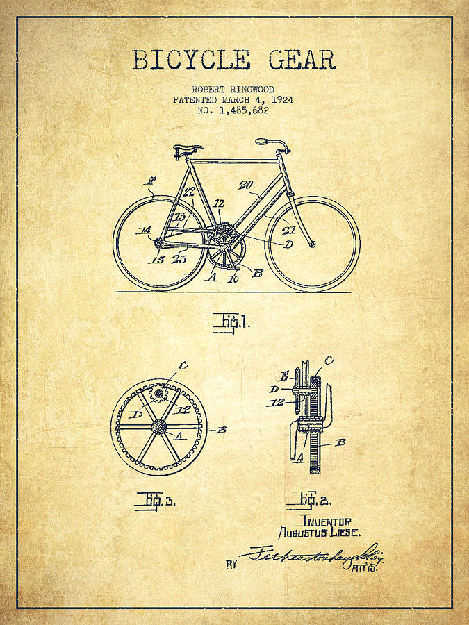 Bicycle Gear Patent Drawing From 1924 - Vintage Digital Art