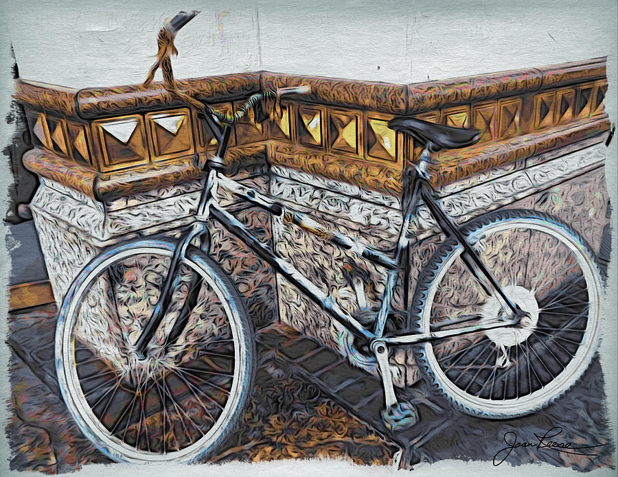 Bicycle leaning on wall Painting by Joan Reese