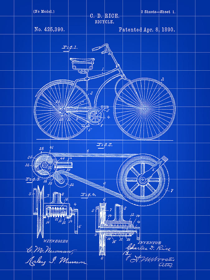 Bicycle Patent 1890 - Blue Digital Art by Stephen Younts