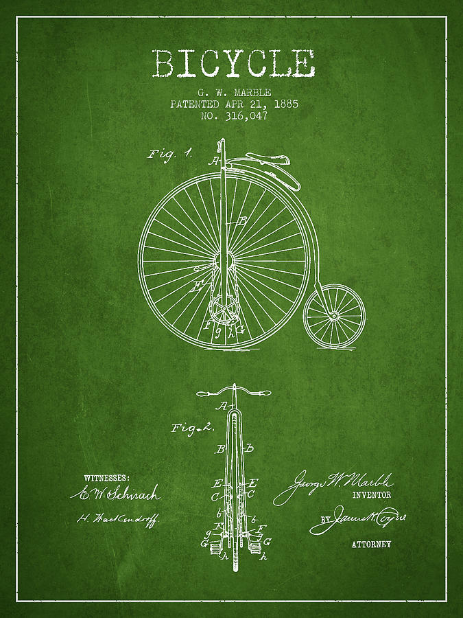 Bicycle Patent Drawing From 1885 - Green Digital Art