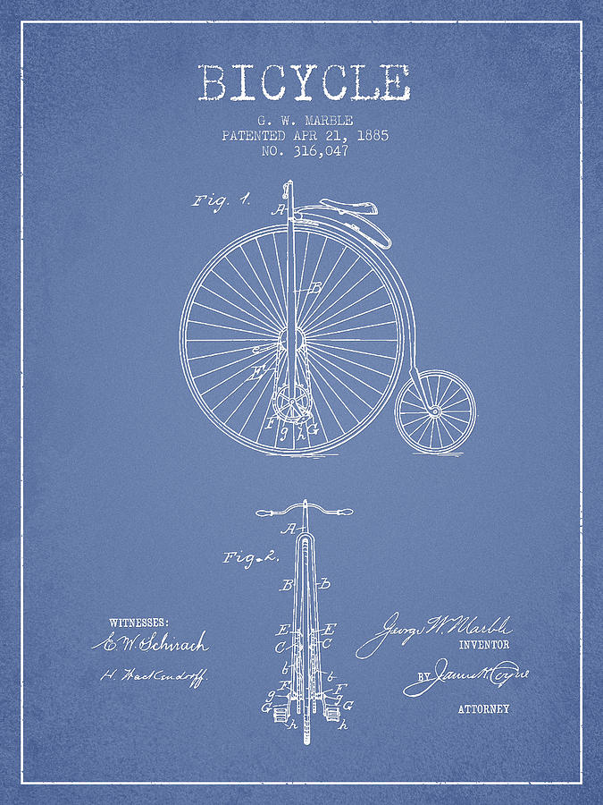 Bicycle Patent Drawing From 1885 - Light Blue Digital Art