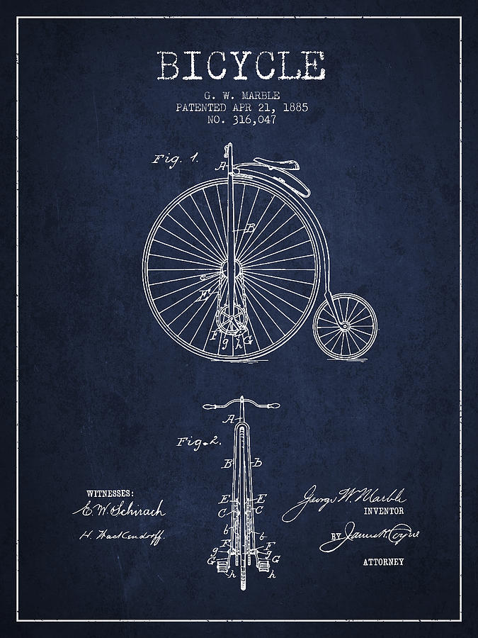 Bicycle Patent Drawing From 1885 - Navy Blue Digital Art