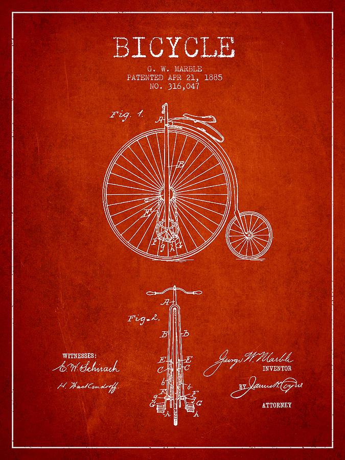 Bicycle Patent Drawing From 1885 - Red Digital Art