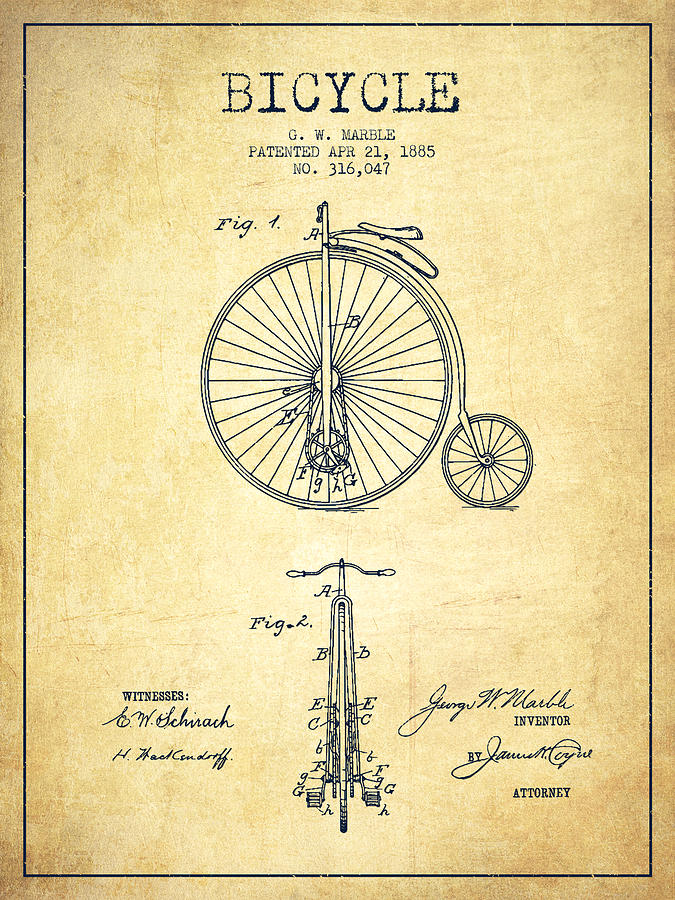 Bicycle Patent Drawing From 1885 - Vintage Digital Art