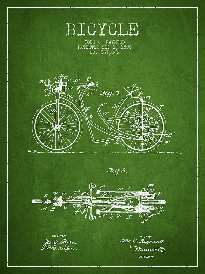Bicycle Patent Drawing From 1896 - Green Digital Art