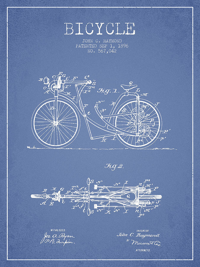 Bicycle Patent Drawing From 1896 - Light Blue Digital Art