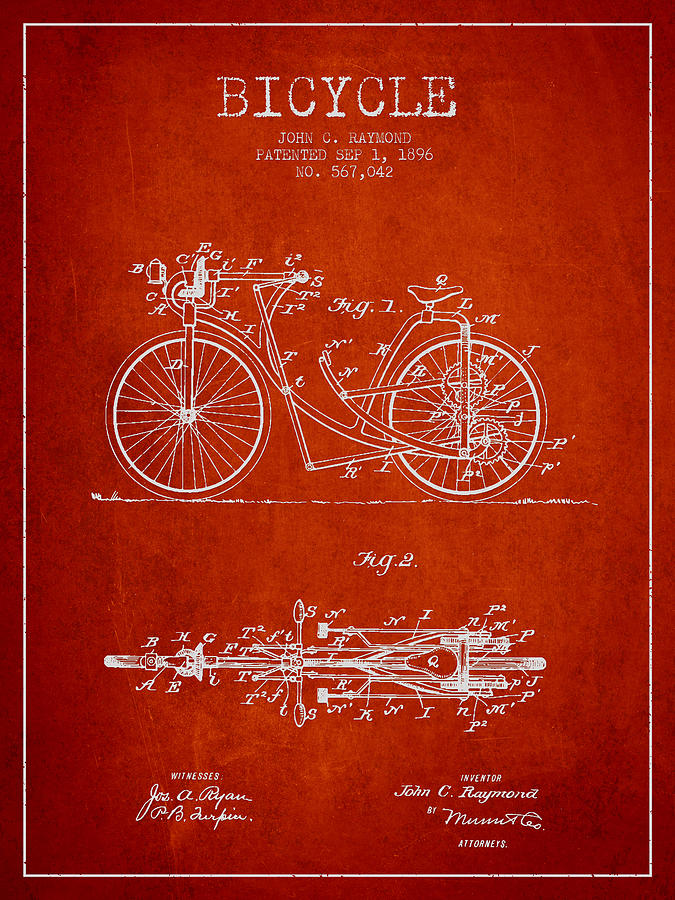 Bicycle Patent Drawing From 1896 - Red Digital Art
