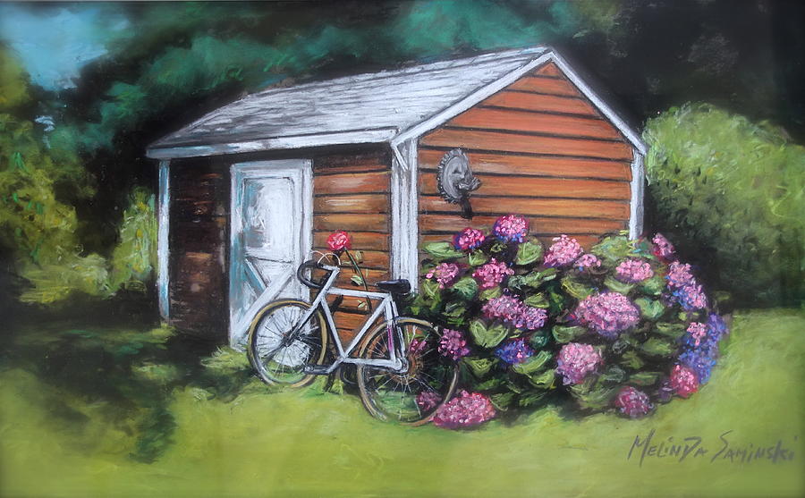 Flower Painting - Bicycle Resting on Shed by Melinda Saminski