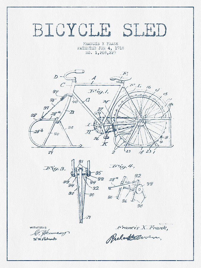 Bicycle Sled Patent Drawing From 1918 - Blue Ink Digital Art