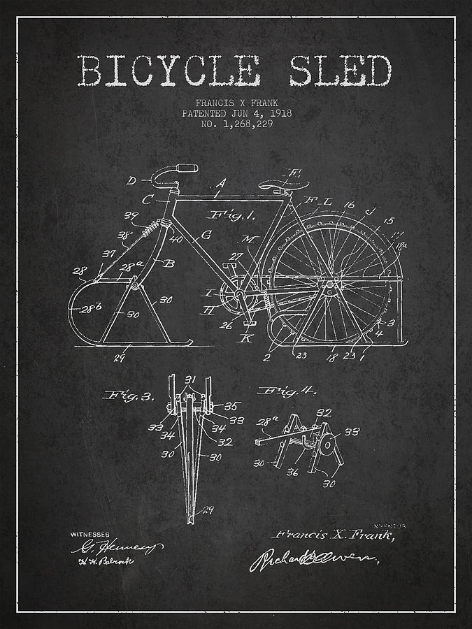 Vintage Digital Art - Bicycle Sled Patent Drawing from 1918 - Dark by Aged Pixel