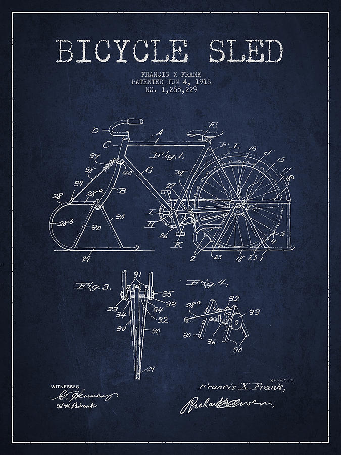 Vintage Digital Art - Bicycle Sled Patent Drawing from 1918 - Navy Blue by Aged Pixel