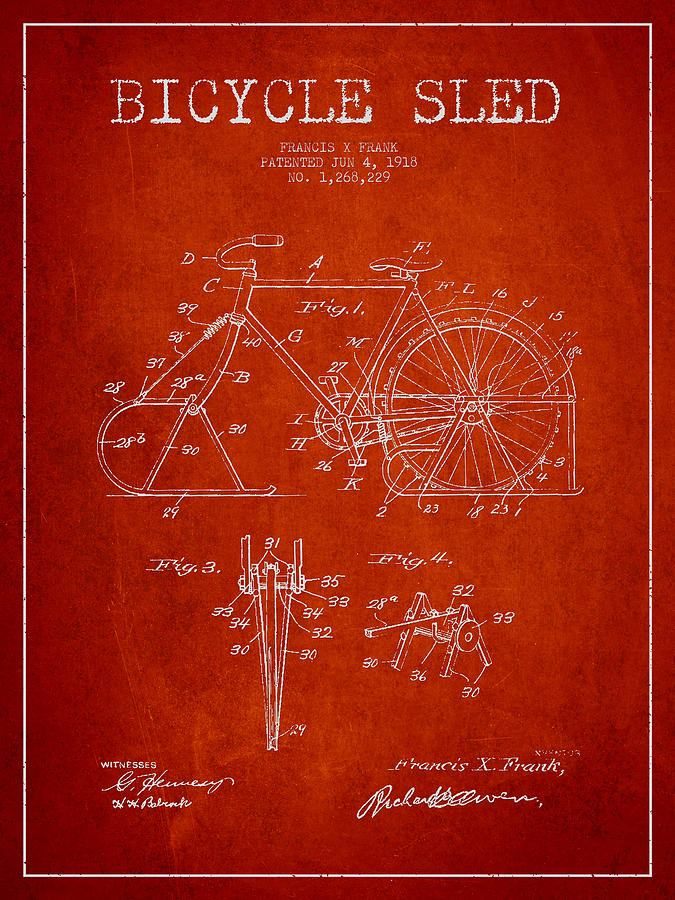 Bicycle Sled Patent Drawing From 1918 - Red Digital Art