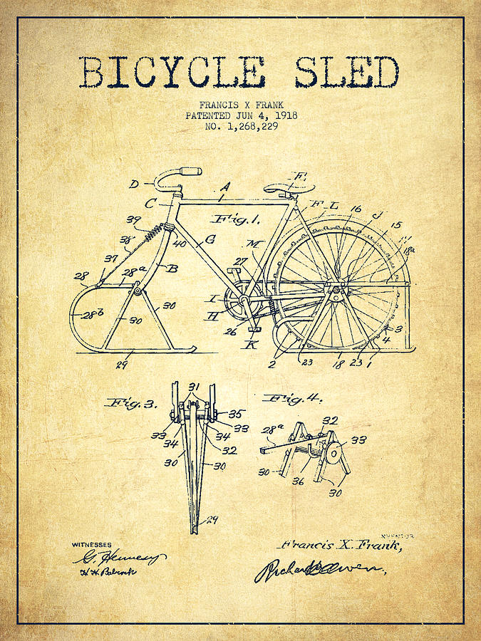 Bicycle Sled Patent Drawing From 1918 - Vintage Digital Art