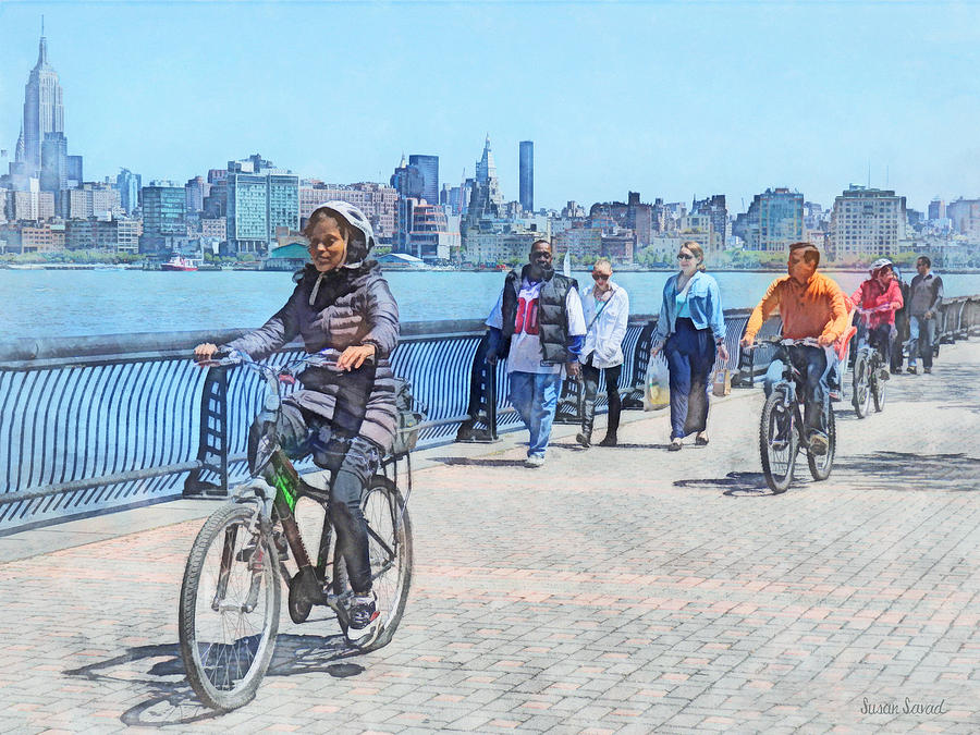 Hoboken NJ - Bicycling Along Pier A Photograph by Susan Savad