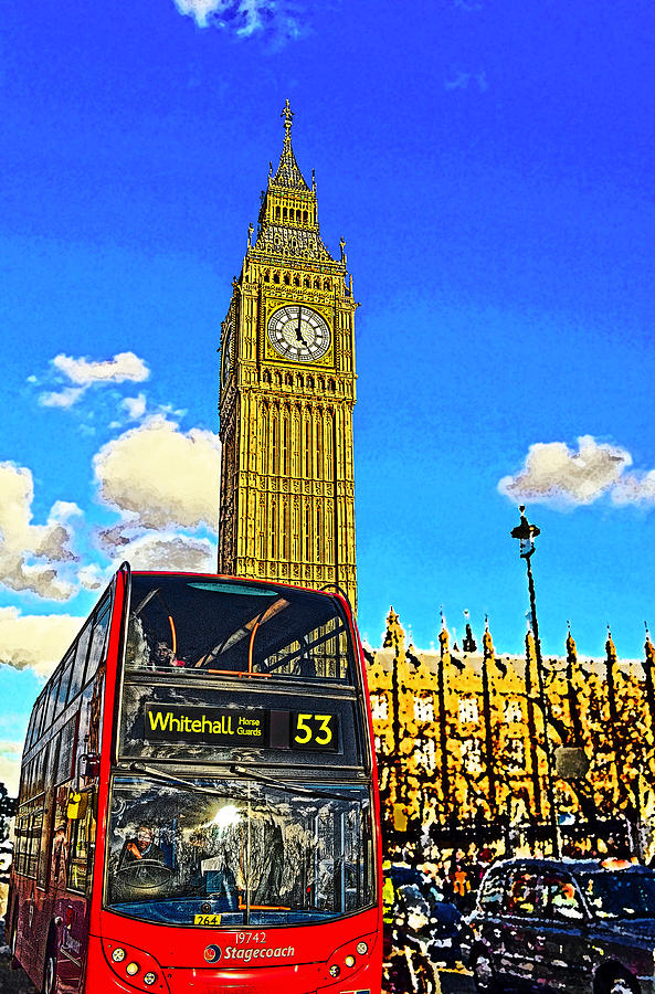 London Mixed Media - Big Ben and London Bus by Peter Allen