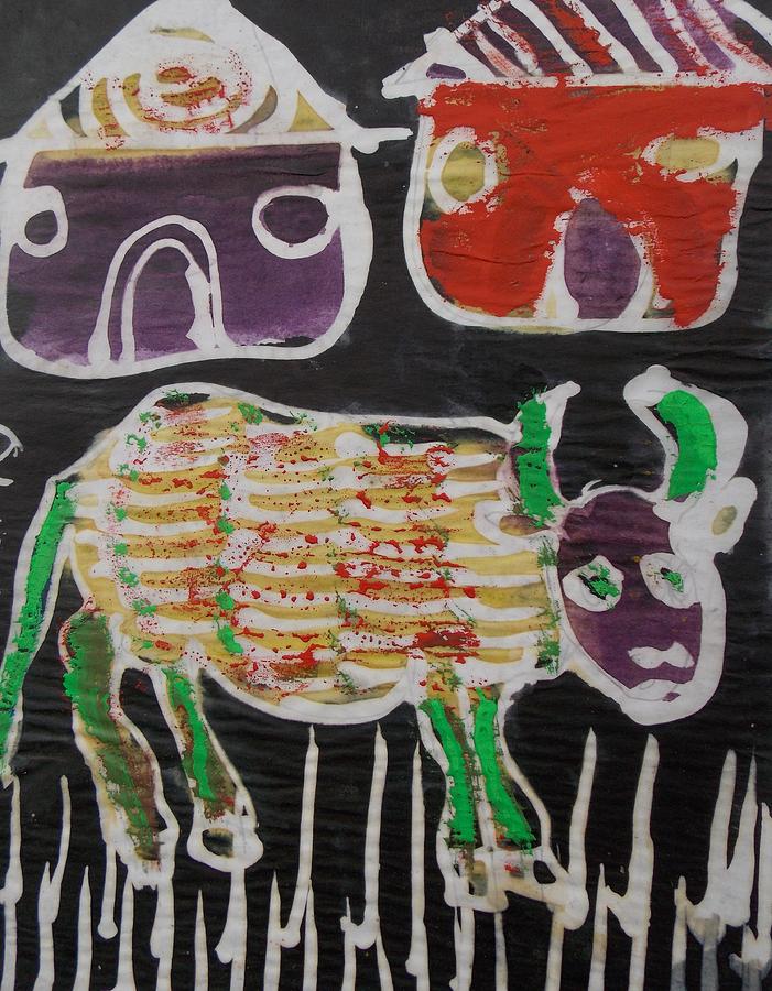 Cow Mixed Media - African Batik Design Big Cow Standing In Front Of The Hut House. by Okunade Olubayo