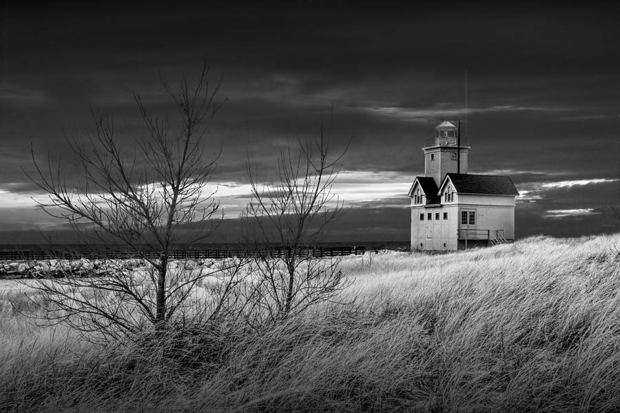 Lighthouse Photograph - Big Red Lighthouse at Sunset in Black and White by Randall Nyhof