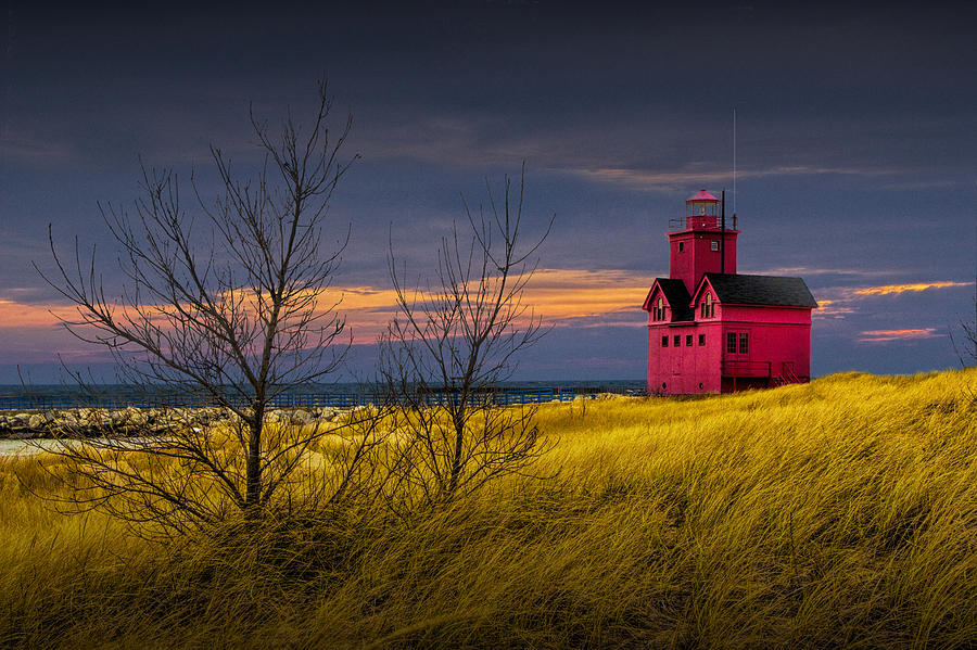 Big Red Lighthouse by Holland Michigan at Sunset Photograph by Randall Nyhof