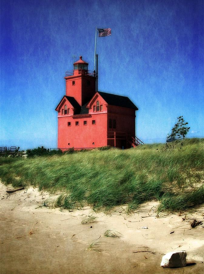 Lighthouse Photograph - Big Red with Flag by Michelle Calkins
